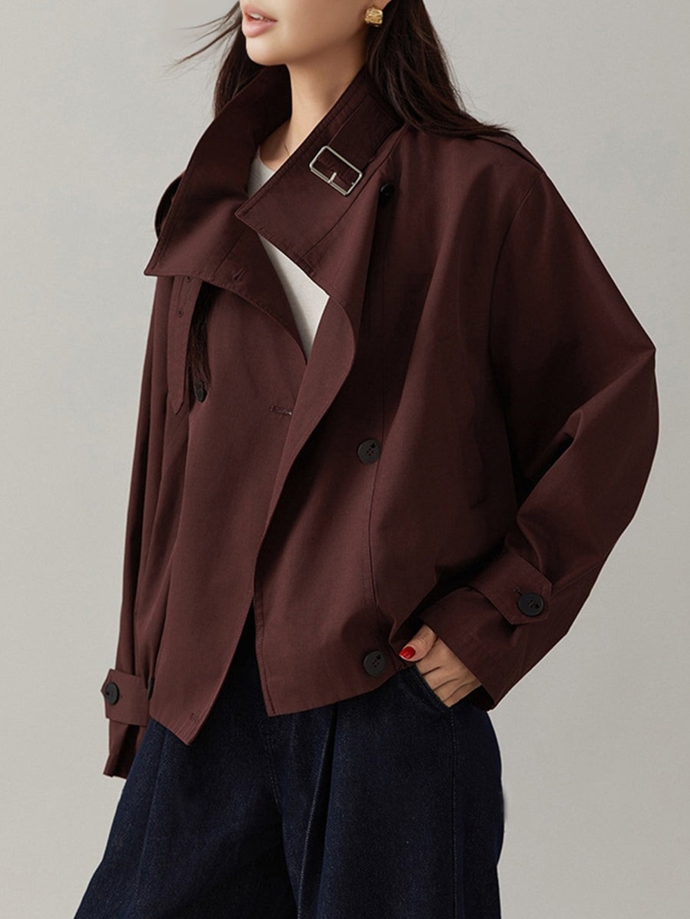 Commense Burgundy Short Trench Jacket with Buckle Collar - Picture 5 of 5